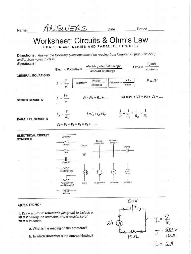 Electrical Circuits Worksheet Answer Key