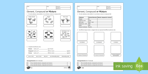 8th Grade Grade 7 Elements Compounds And Mixtures Worksheet