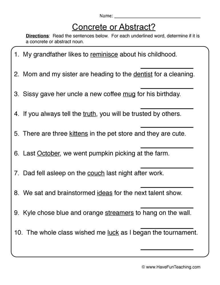 Grade 6 Abstract Noun Worksheets With Answers