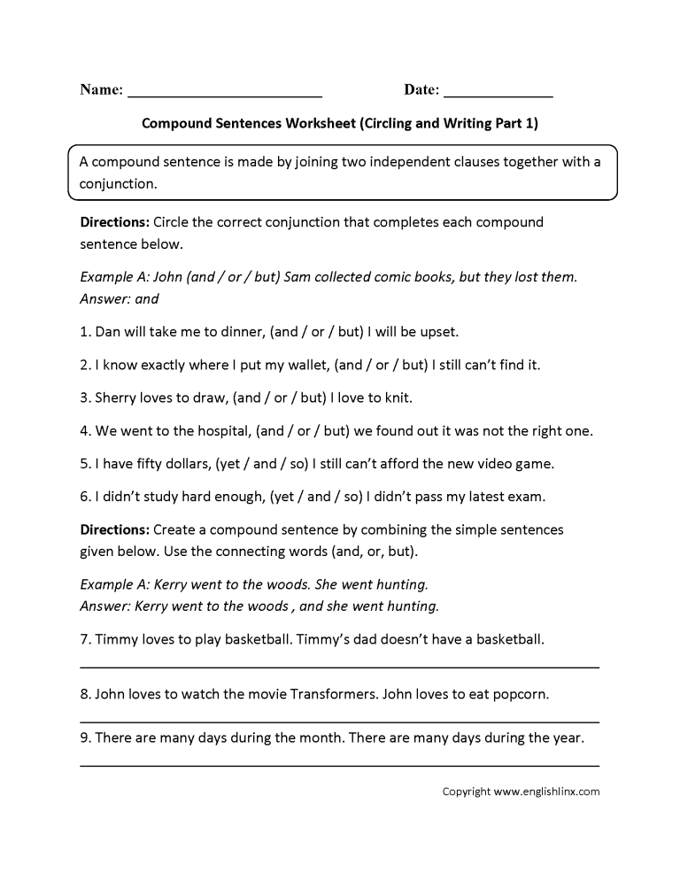 Compound Sentences Worksheet With Answers For Class 7