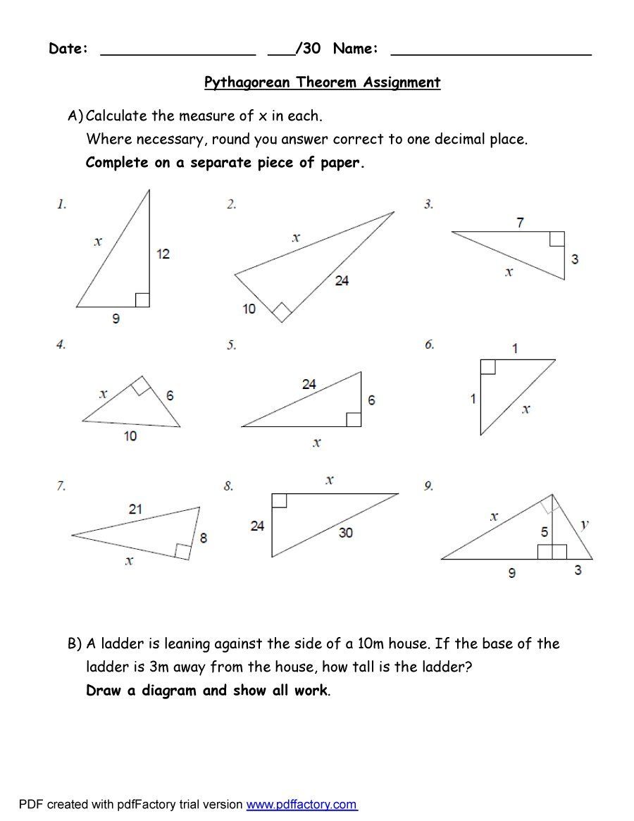 Pythagorean Theorem Word Problems Matching Worksheet Answer Key