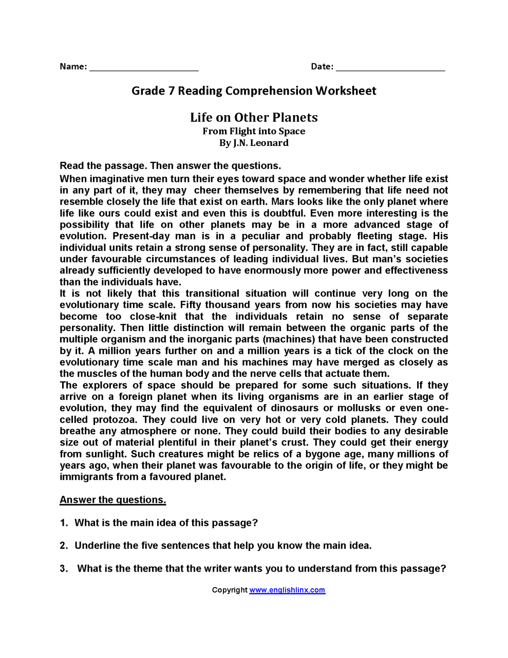 Reading Comprehension Worksheets Pdf With Answers Grade 7