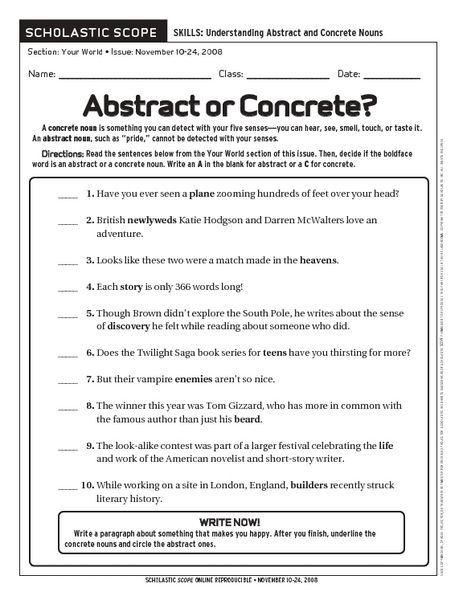Concrete And Abstract Noun Worksheets For Grade 3