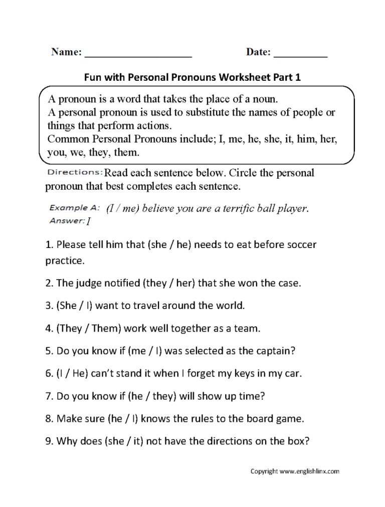 Pronouns Worksheets For Grade 3 With Answers