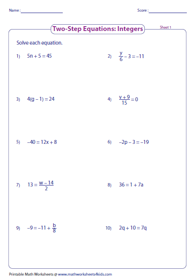 Two Step 8th Grade Solving Equations Worksheets
