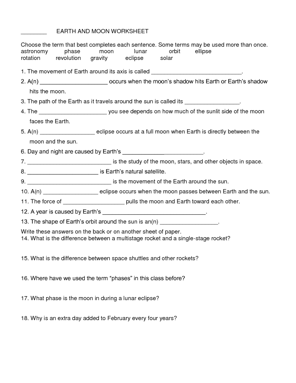 Earth In Space Worksheet Answer Key