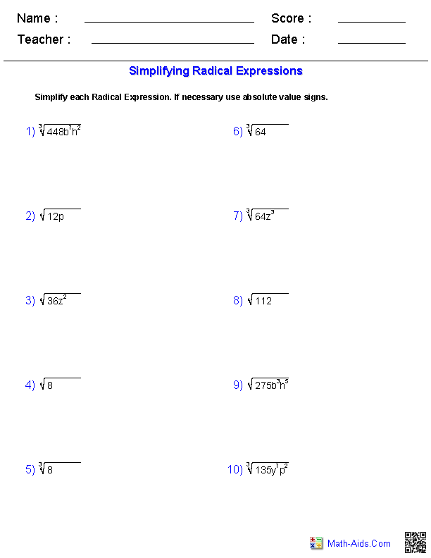 Simplifying Radical Expressions Worksheets Radical expressions