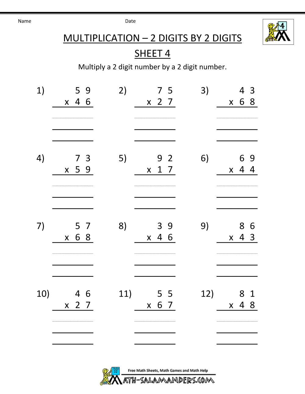 Multiplication Math Sheets For Grade 4