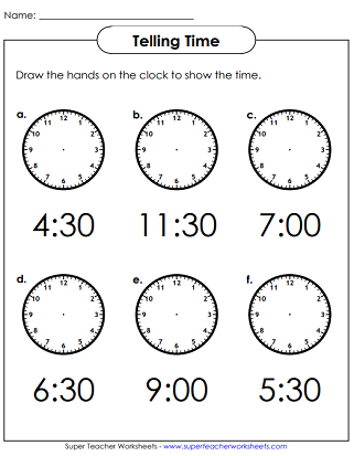 Telling Time Half Past The Hour Worksheets