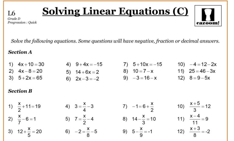 Grade 9 Solving Equations Worksheets With Answers