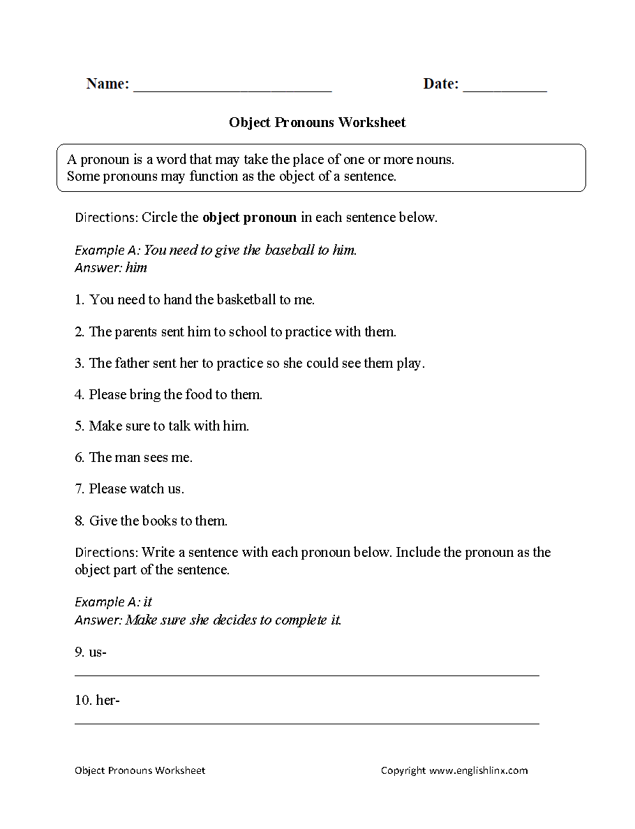 7th Grade Personal Pronouns Worksheet