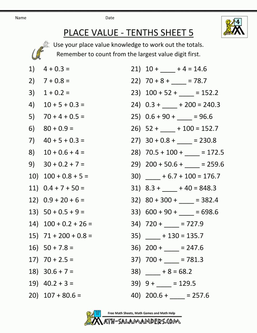 Math Worksheets For 4Th Grade Decimals