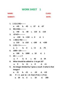 Integer worksheet for Grade 7