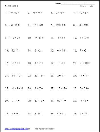 Integers Worksheets With Answers Grade 7