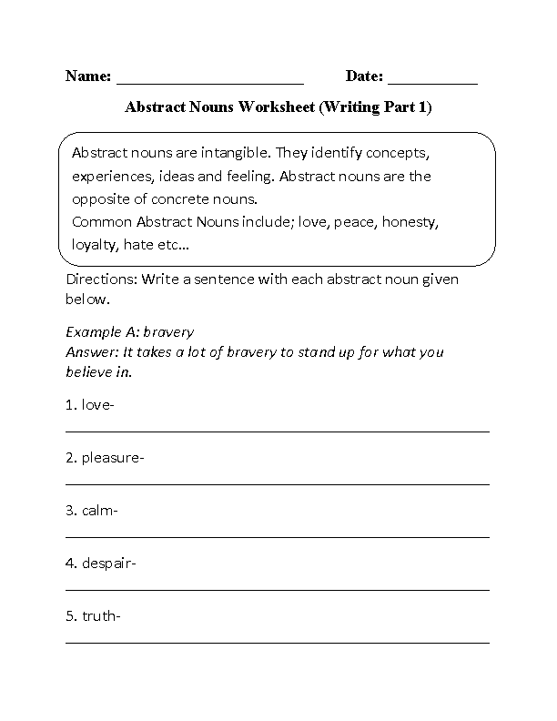 Abstract Nouns Worksheet For Grade 5