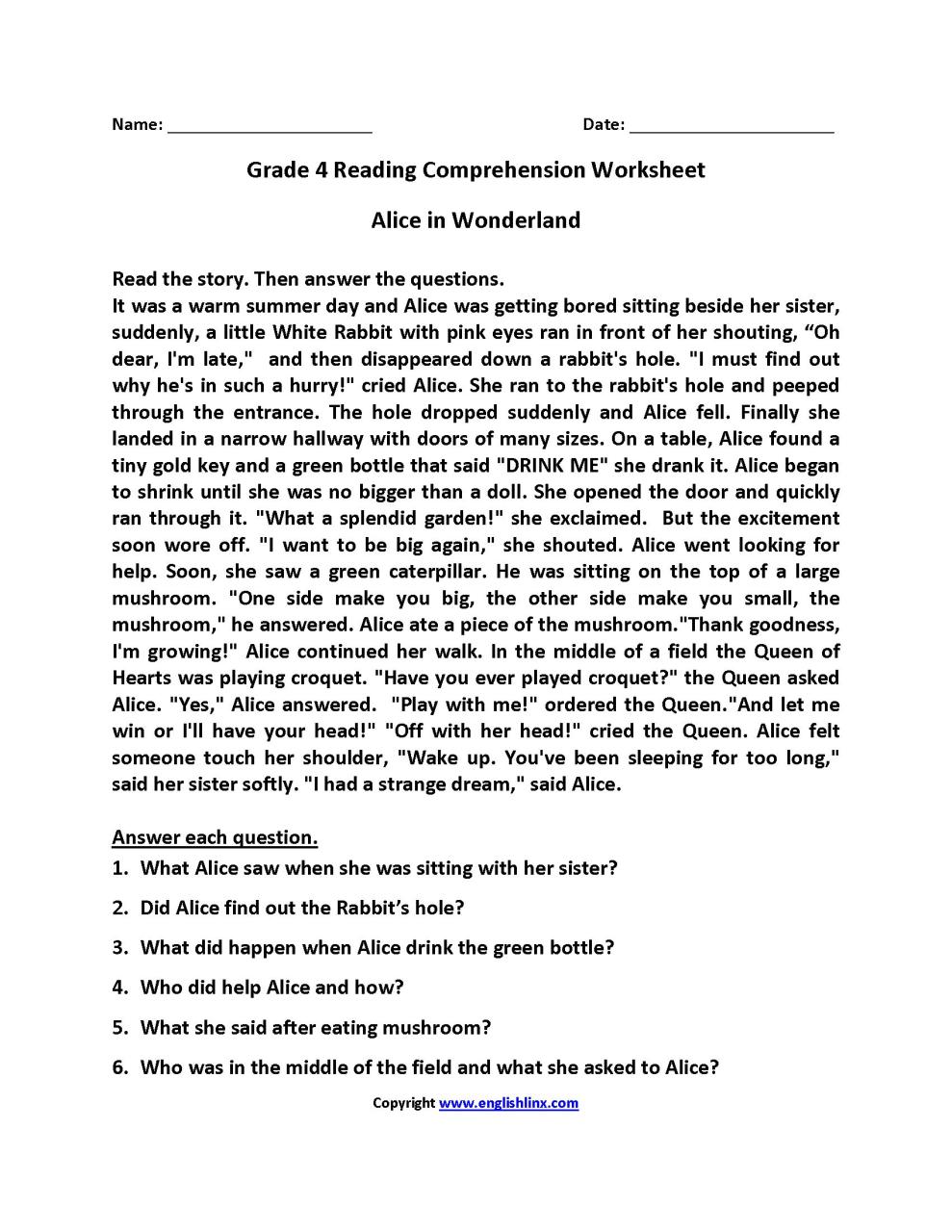 Reading Comprehension Worksheets For Grade 6