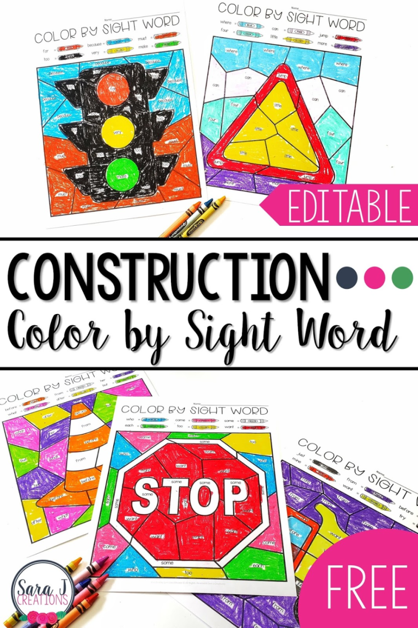 Construction Color by Sight Word Editable Coloring Pages in 2020