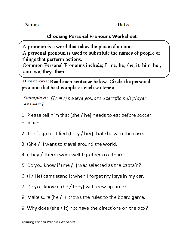 Subject Pronouns Worksheet For Grade 1