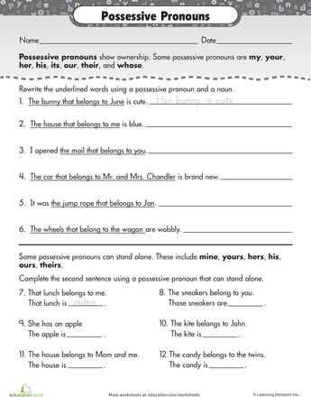 Personal And Possessive Pronouns Worksheet Grade 4