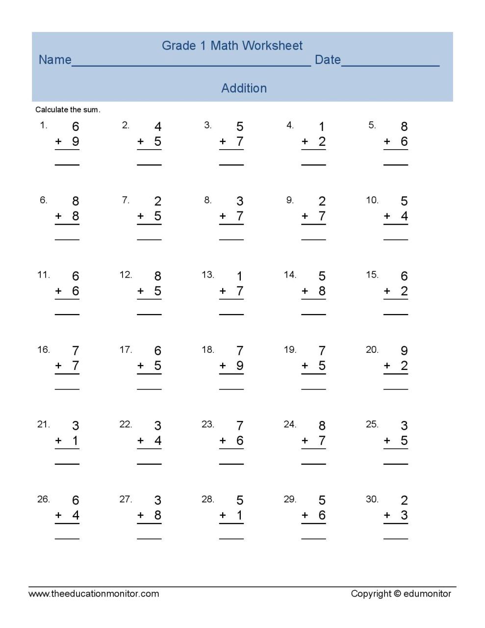 First grade addition math worksheets for all kids, more