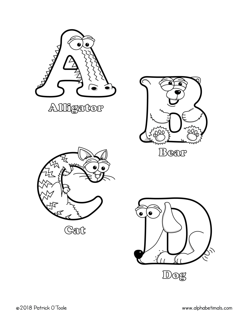 Printable Coloring Pages Uppercase Letters & Animals Alphabetimals