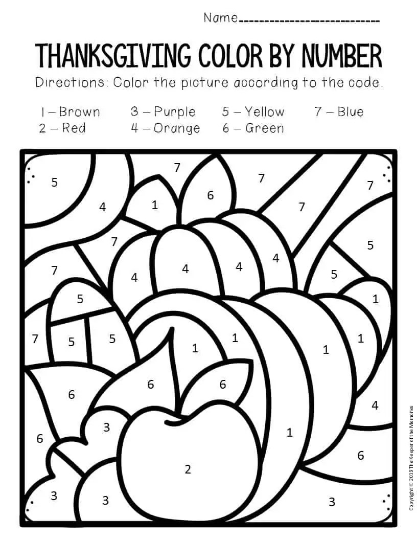 Color by Number Thanksgiving Preschool Worksheets Cornucopia The