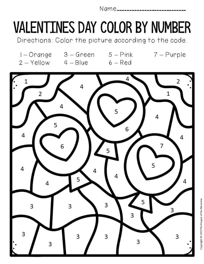 Color by Number Valentine's Day Preschool Worksheets Balloons The