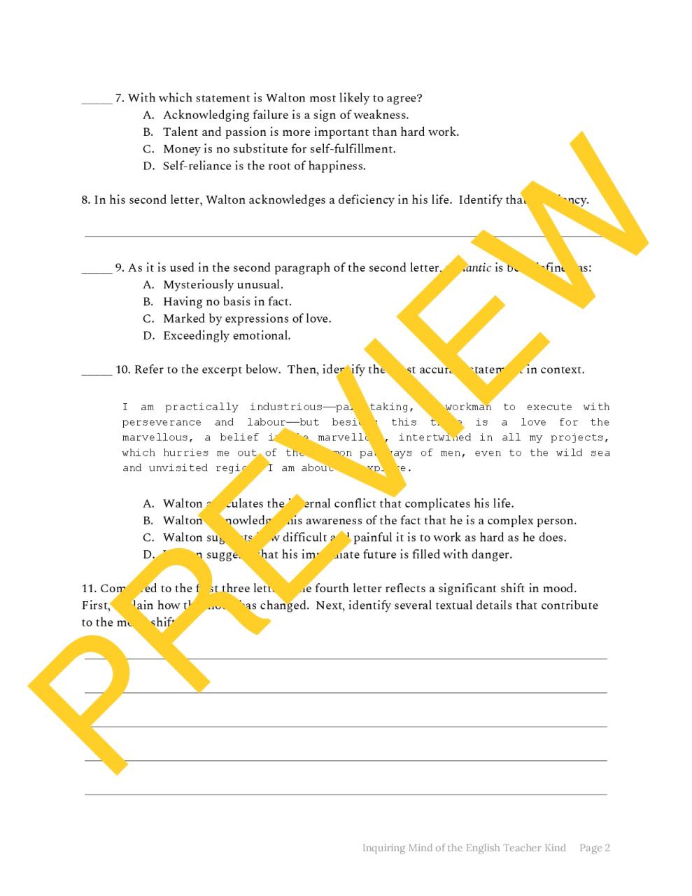Frankenstein Close Reading Worksheet on Letters 14 Teaching Resources
