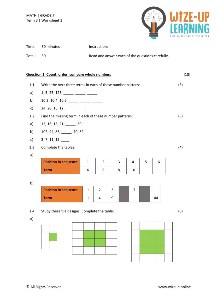 Grade 7 Term 3 Math Assessment 2 Teacha!