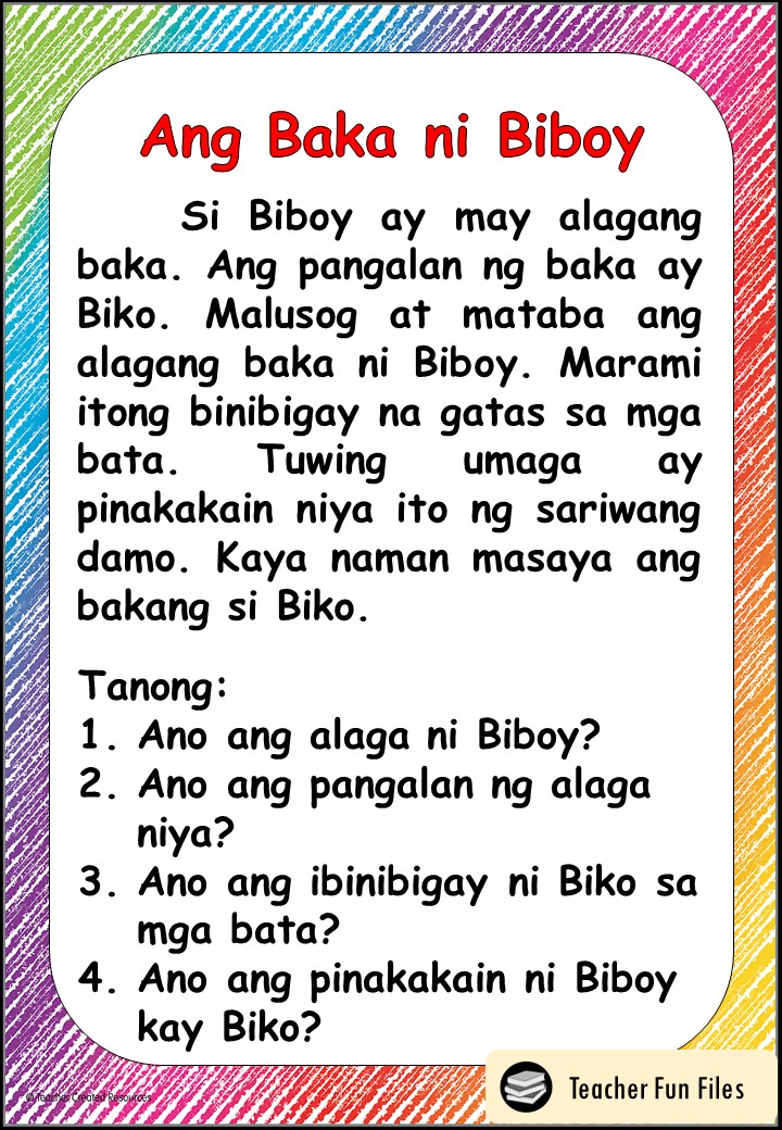 Teacher Fun Files Filipino Reading Materials with Comprehension Questions