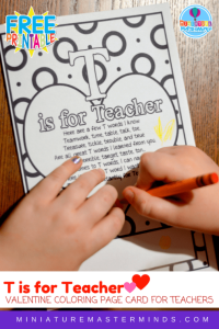 T is For Teacher Coloring Page Valentine or Teacher's Appreciation Card