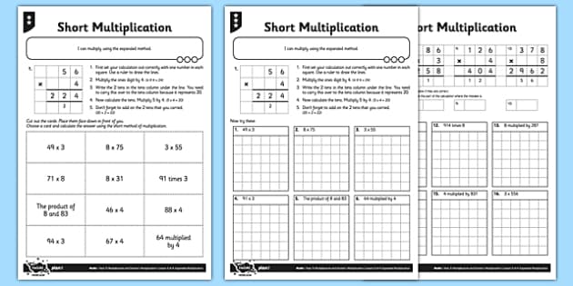 Column Multiplication Year 3 Worksheets