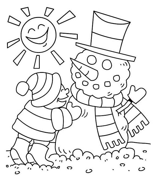 Young Little Kid Making Mr Snowman On Sunny Winter Season Coloring Page