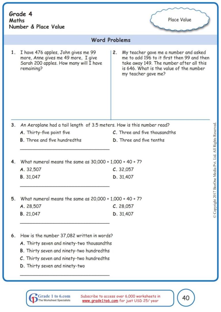 4Th Grade Math Worksheets Word Problems