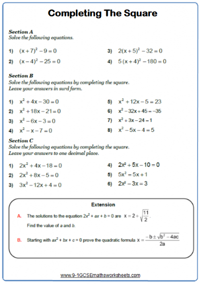 Completing The Square Worksheet With Answers Pdf