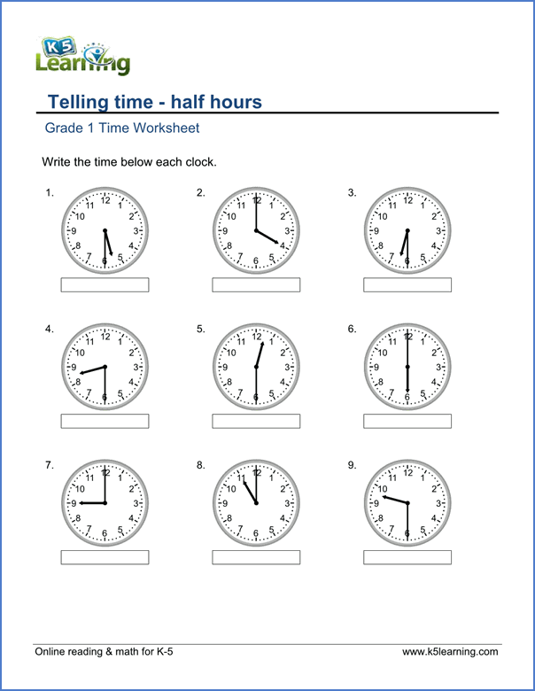 Grade 1 Math Clock Worksheets