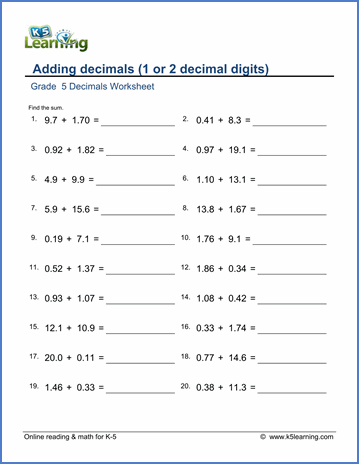 Decimal Year 5 Maths Worksheets Printable