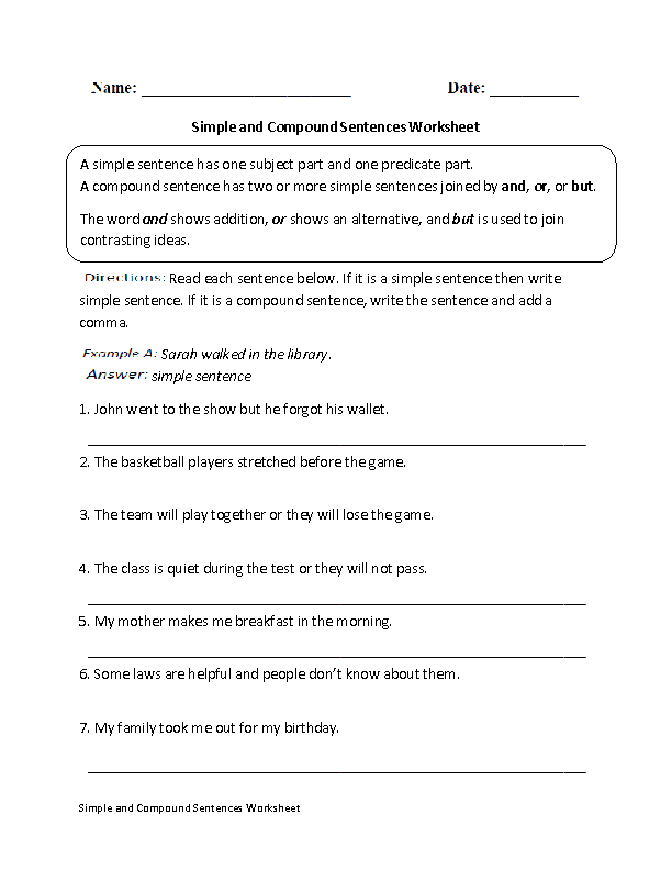 Simple And Compound Sentences Worksheet 4th Grade