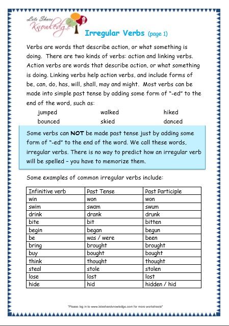 Irregular Verbs Worksheets For Grade 3
