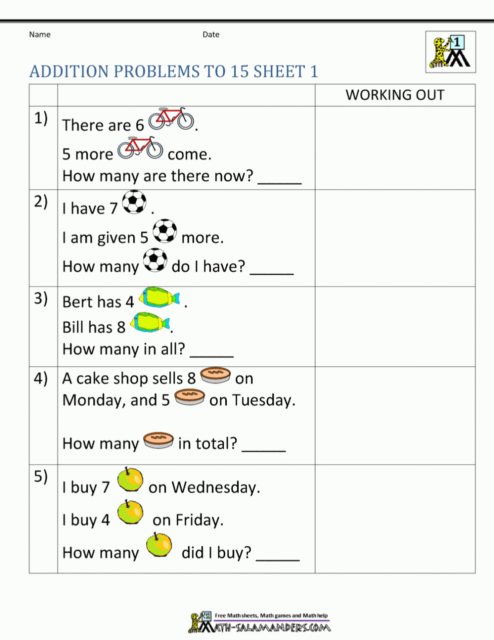 Math Worksheets For 1St Grade Word Problems