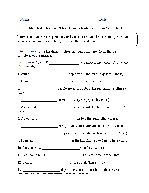 Demonstrative Adjectives Worksheets For Grade 4