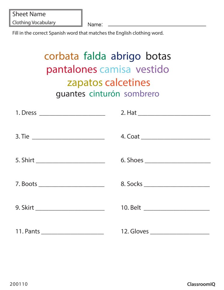 4th Grade Spanish Worksheets Pdf