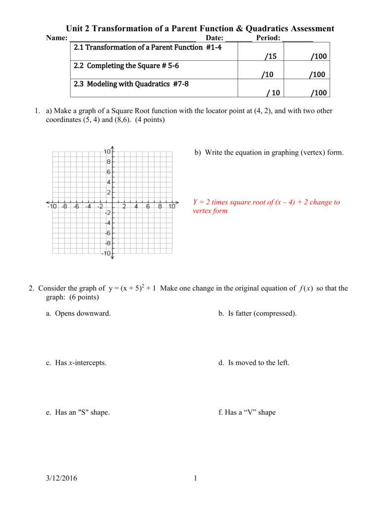Algebra Review Worksheet Quadratic Functions Answers Algebra