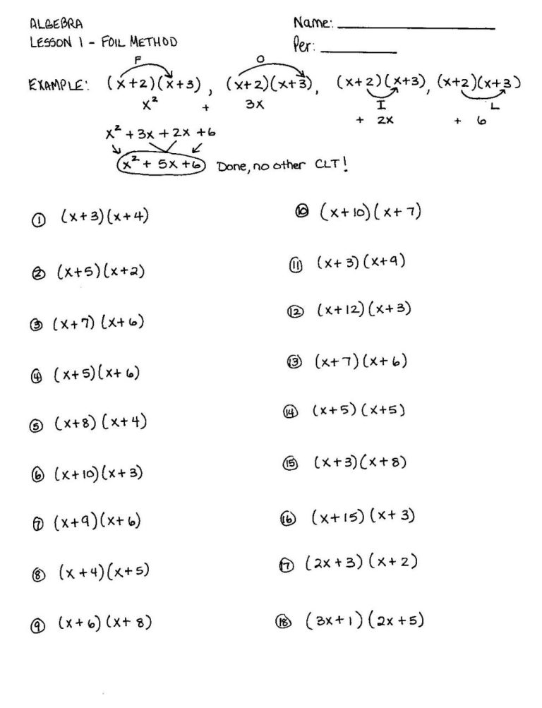 Box Method Multiplying Binomials Worksheet
