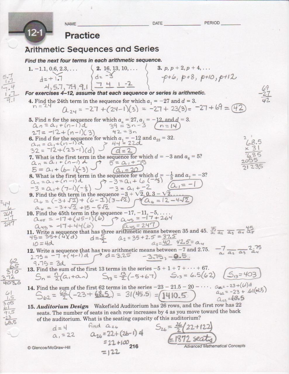 Arithmetic Sequences Worksheet 1 Answer Key —