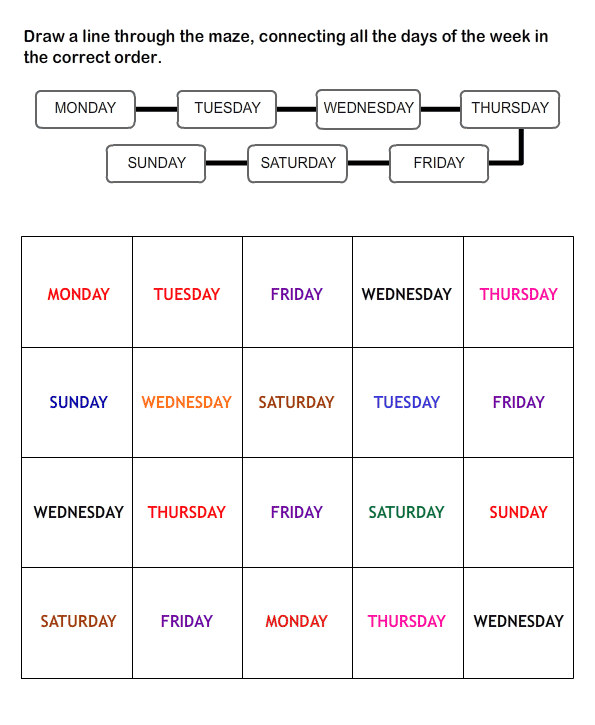 Free Days Of The Week Worksheets For Kindergarten