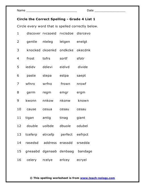 Correct Spelling Worksheets For Grade 4