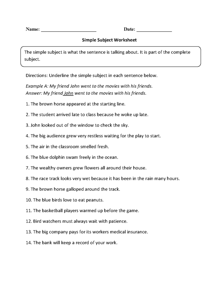 Subject And Predicate Worksheets With Answers For Class 5
