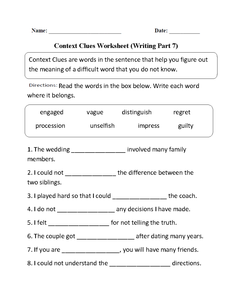6th Grade 7th Grade Context Clues Worksheets