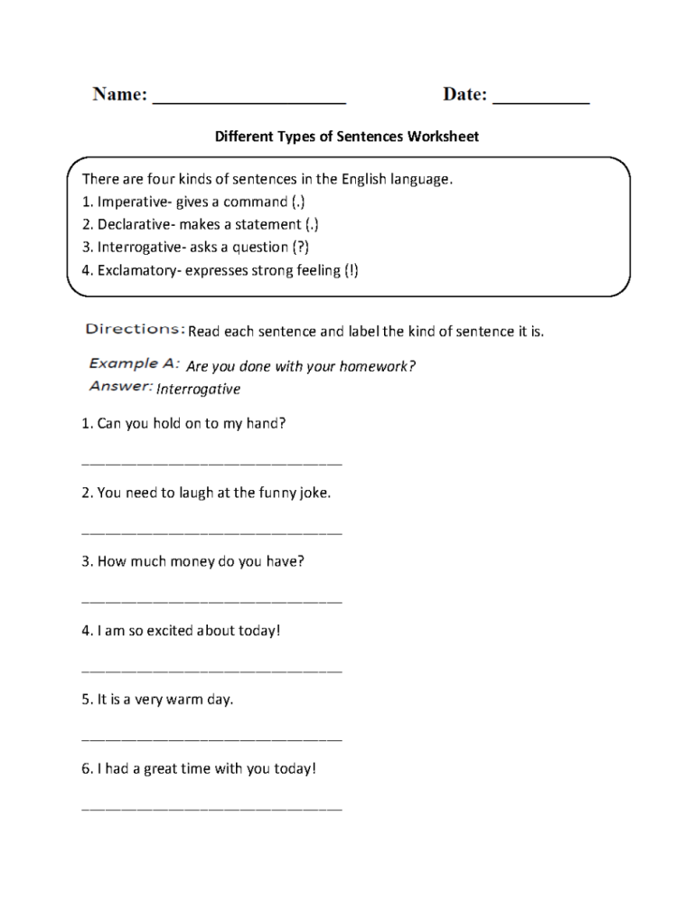 5th Grade Types Of Sentences Worksheet With Answers